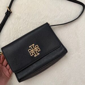 Tory Burch Britten Combo Crossbody Bag Pebble Leather Black Gold 75025 RARE!